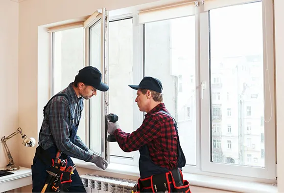 Two professionals working together to install a new window, showcasing residential window replacement services in Midlothian, VA.